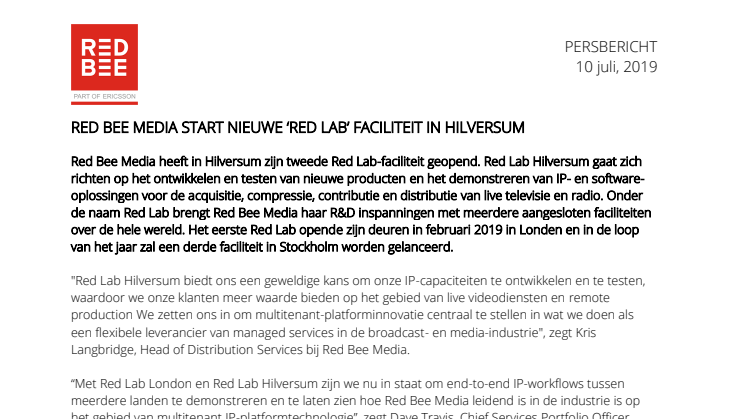Red Bee Media Start Nieuwe "Red Lab" Faciliteit in Hilversum 