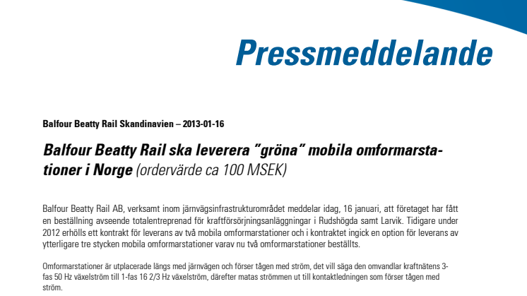 Balfour Beatty Rail ska leverera ”gröna” mobila omformarstationer i Norge 