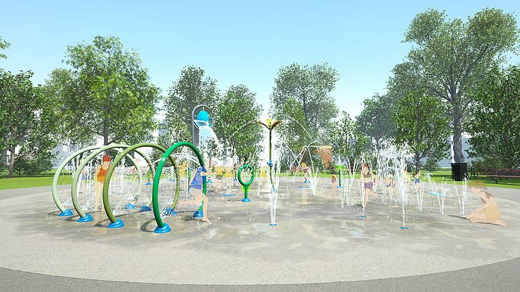 Vecka 29 planeras den nya sprayparken i Stadsparken öppna. Illustrationen visar hur sprayparken kommer se ut när den är klar. Illustration: Vortex