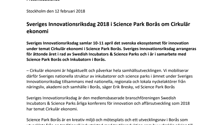 Sveriges Innovationsriksdag 2018 i Science Park Borås om Cirkulär Ekonomi