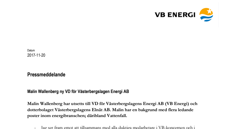 Malin Wallenberg ny VD för Västerbergslagen Energi AB