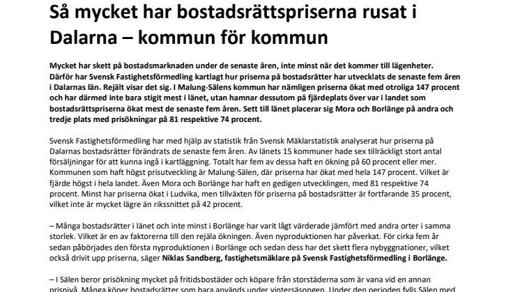 Så mycket har bostadsrättspriserna rusat i Dalarna – kommun för kommun