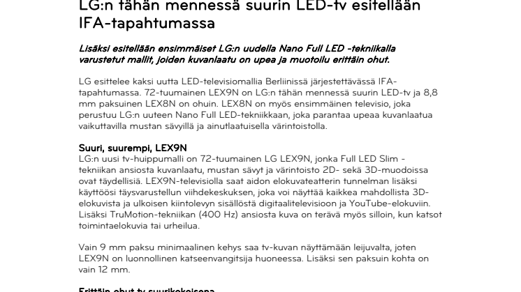 LG:n tähän mennessä suurin LED-tv esitellään IFA-tapahtumassa 