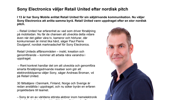 Sony Electronics väljer Retail United efter nordisk pitch 