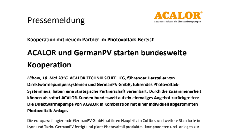 ACALOR und GermanPV starten bundesweite Kooperation