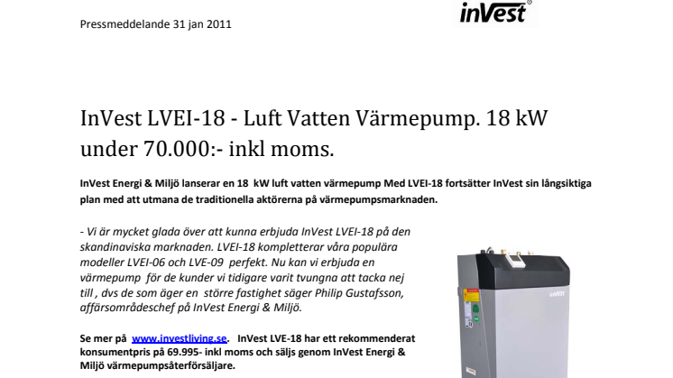 InVest LVEI-18 - Luft Vatten Värmepump. 18 kW under 70.000:- inkl moms.