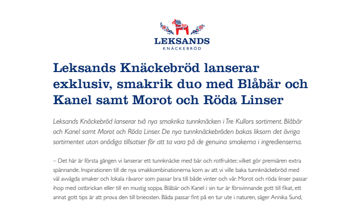 Leksands Knäckebröd lanserar exklusiv, smakrik duo med Blåbär och Kanel samt Morot och Röda Linser