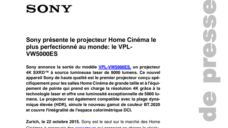 Sony présente le projecteur Home Cinéma le plus perfectionné au monde: le VPL-VW5000ES