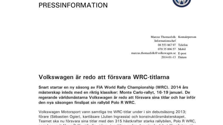 Volkswagen är redo att försvara WRC-titlarna