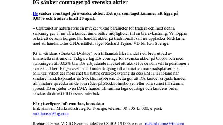 IG sänker courtaget på svenska aktier