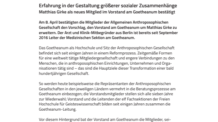 Erfahrung in der Gestaltung größerer sozialer Zusammenhänge. Matthias Girke als neues Mitglied im Vorstand am Goetheanum bestätigt