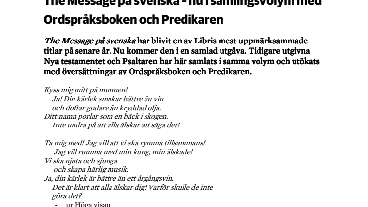 ​​The Message på svenska – nu i samlingsvolym med Höga visan, Ordspråksboken och Predikaren