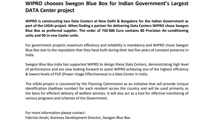 WIPRO chooses Swegon Blue Box for Indian Government’s Largest DATA Center project