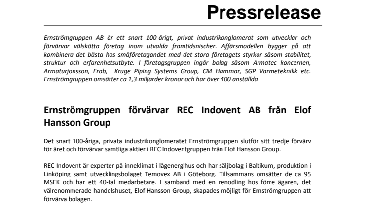 Ernströmgruppen förvärvar REC Indovent AB från Elof Hansson Group 