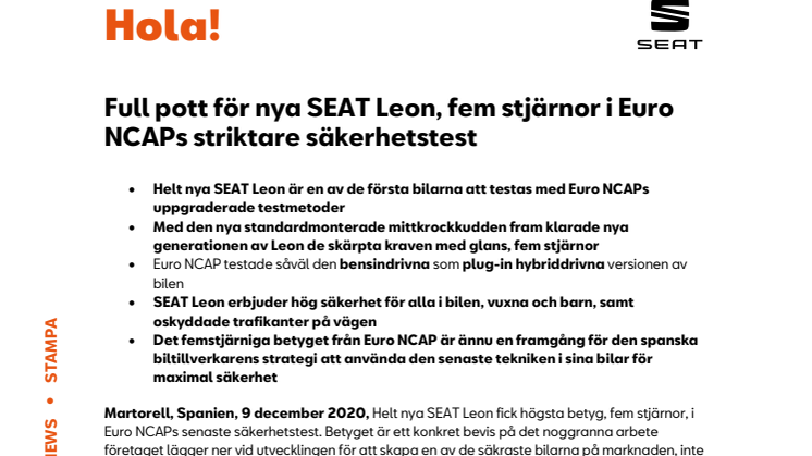 Full pott för nya SEAT Leon, fem stjärnor i Euro NCAPs striktare säkerhetstest