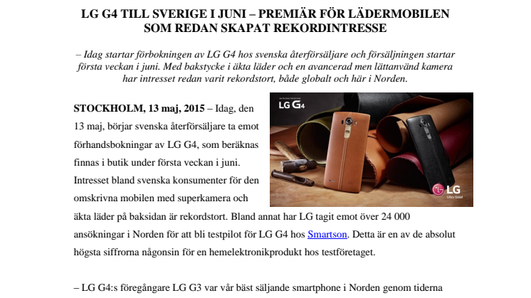 LG G4 TILL SVERIGE I JUNI – PREMIÄR FÖR LÄDERMOBILEN SOM REDAN SKAPAT REKORDINTRESSE 