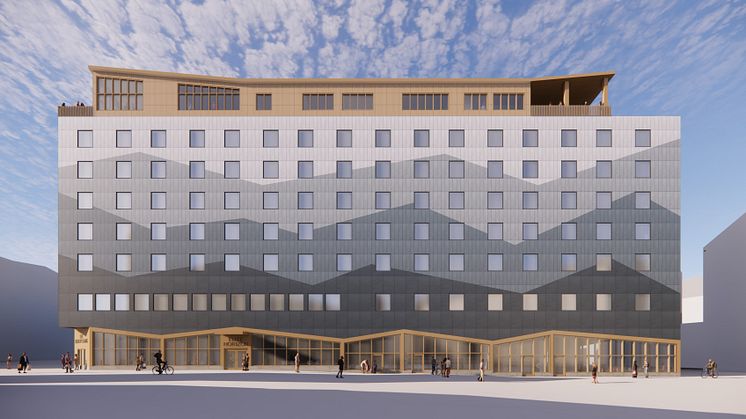 Fasadskiss på Elite Hotels nya hotell som innebär en ökning från 37 till 155 rum. Illustration av A och D Arkitektkontor.