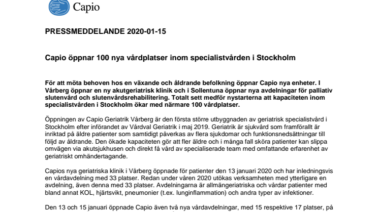 Capio öppnar 100 nya vårdplatser inom specialistvården i Stockholm