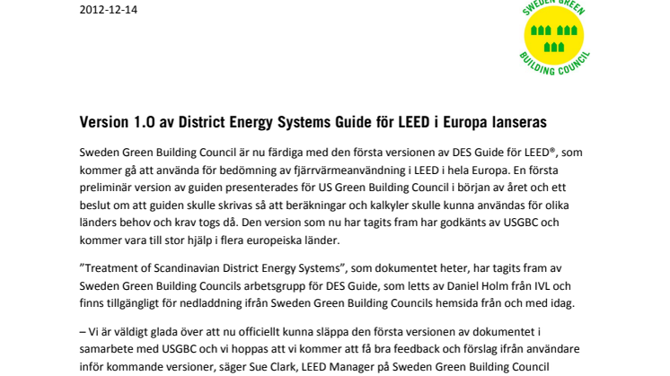 Version 1.0 av District Energy Systems Guide för LEED i Europa lanseras