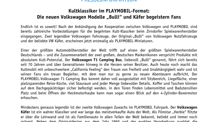 Kultklassiker im PLAYMOBIL-Format: Die neuen Volkswagen Modelle "Bulli" und Käfer begeistern Fans