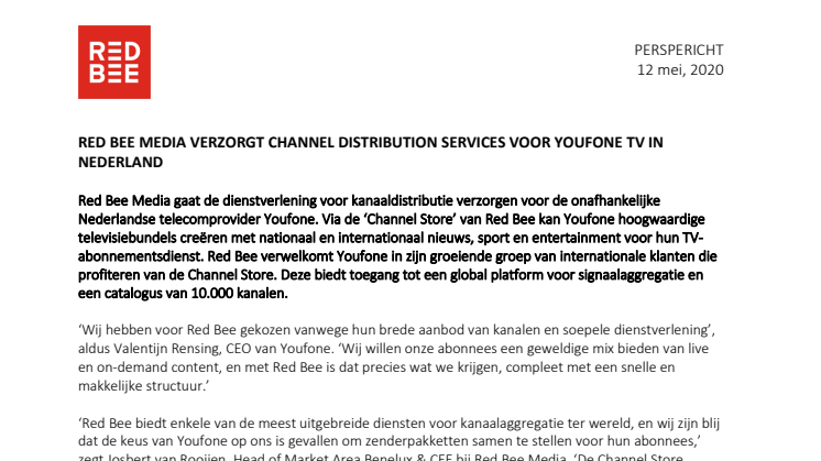 Red Bee Media Verzorgt Channel Distribution Services voor Youfone TV in Nederland