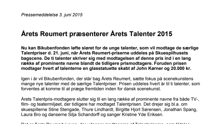 Årets Reumert præsenterer Årets Talenter 2015