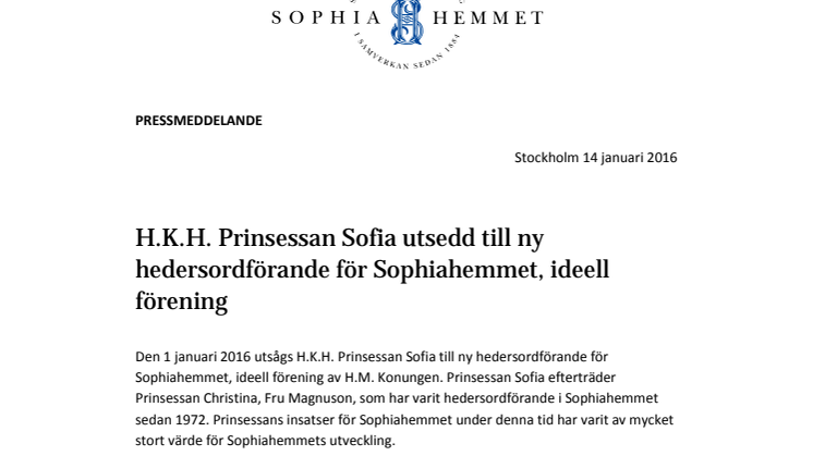 H.K.H. Prinsessan Sofia utsedd till ny hedersordförande för Sophiahemmet, ideell förening