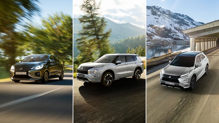 Den nye Mitsubishi Outlander PHEV (midten) kommer til Danmark i 2024, mens Space Star (Venstre) og Eclipse Cross PHEV (højre) netop er nedsat i Danmark. 