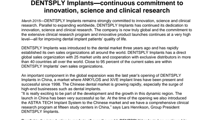DENTSPLY Implants—continuous commitment to innovation, science and clinical research