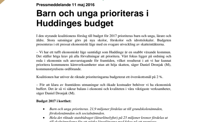 Barn och unga prioriteras i Huddinges budget