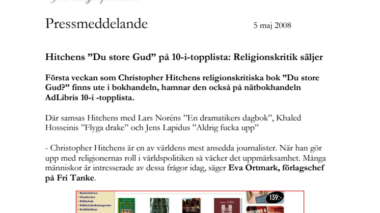 Hitchens ”Du store Gud” på 10-i-topplista: Religionskritik säljer