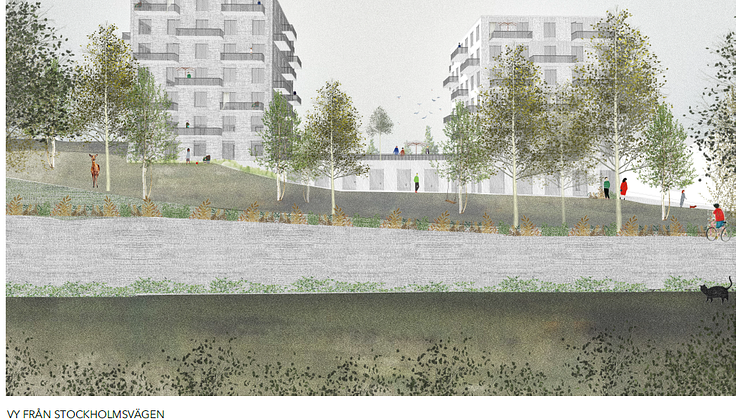 Illustration över hur ny bebyggelse på Johannesberg skulle kunna se ut från Stockholmsvägen. Skiss: Glommen och Lindberg