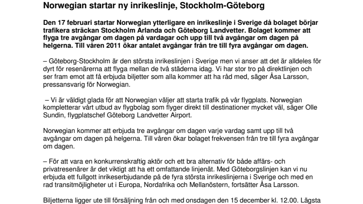 Norwegian startar ny inrikeslinje, Stockholm-Göteborg