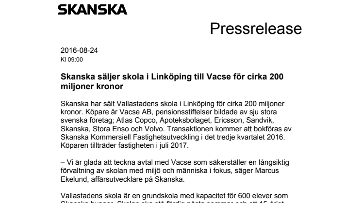 Skanska säljer skola i Linköping till Vacse för cirka 200 miljoner kronor