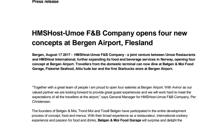 HMSHost-Umoe F&B Company opens four new concepts at Bergen Airport, Flesland 