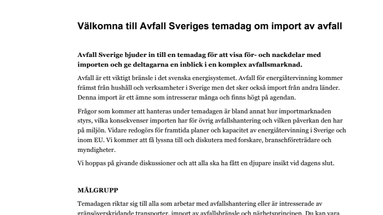 Välkomna till Avfall Sveriges temadag om import av avfall