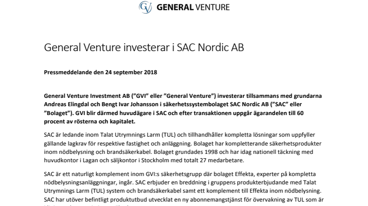 General Venture investerar i SAC Nordic AB