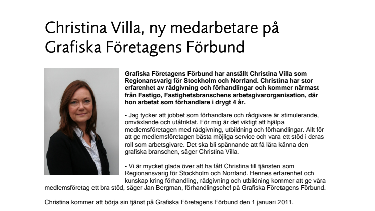 Christina Villa, ny medarbetare på Grafiska Företagens Förbund