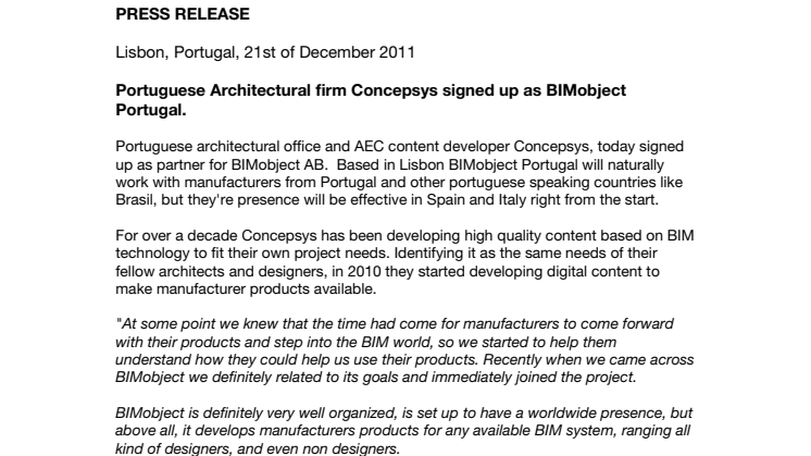 Portuguese Architectural firm Concepsys signed up as BIMobject Portugal