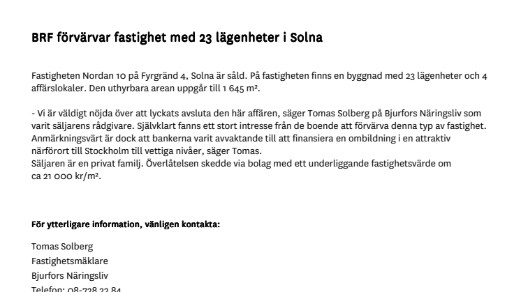 BRF förvärvar fastighet med 23 lägenheter i Solna