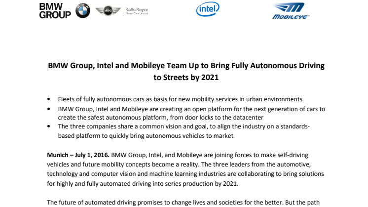 BMW Group, Intel and Mobileye