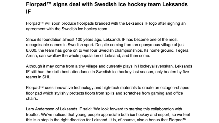 Florpad™ signs deal with Swedish ice hockey team Leksands IF