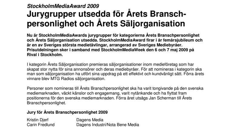 StockholmMediaAward 2009: Jurygrupper utsedda för Årets Branschpersonlighet och Årets Säljorganisation