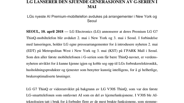 LG LANSERER DEN SJUENDE GENERASJONEN I G-SERIEN I MAI