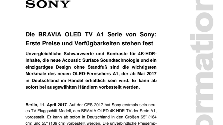 Die BRAVIA OLED TV A1 Serie von Sony: Erste Preise und Verfügbarkeiten stehen fest