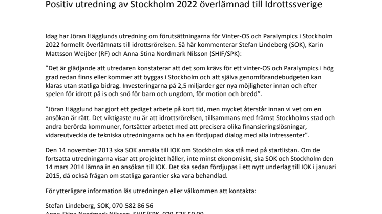 Positiv utredning av Stockholm 2022 överlämnad till Idrottssverige