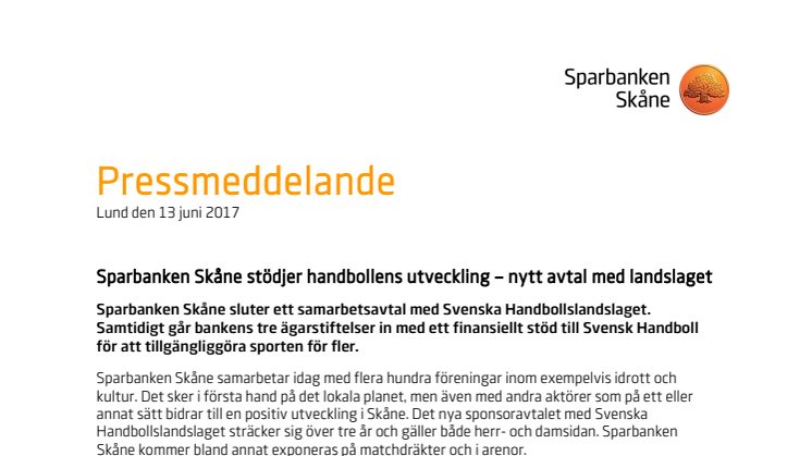 Sparbanken Skåne stödjer handbollens utveckling – nytt avtal med landslaget