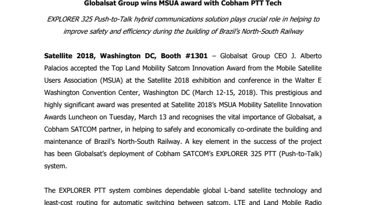 Globalsat Group wins MSUA award with Cobham PTT Tech