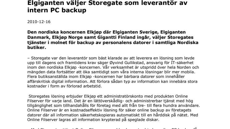 Elgiganten väljer Storegate som leverantör av intern PC backup