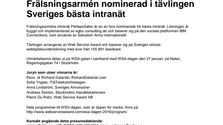Frälsningsarmén nominerad i tävlingen Sveriges bästa intranät